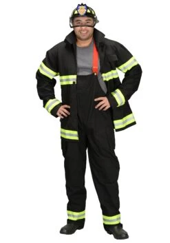 Black Fireman Costume With Helmet For Adults