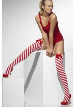 Smiffys Candy Cane Striped Thigh High Women's Stockings -Halloween Costumes Shop candy cane striped thigh high stockings alt 2