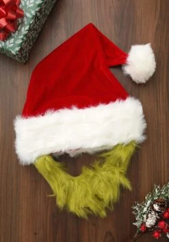 Grinch Costume Hat With Fur Beard -Halloween Costumes Shop mister grinch hat with fur beard alt 4