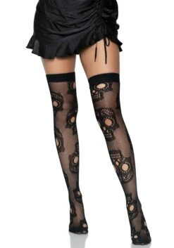 LEG AVENUE Sugar Skull Net Thigh High Stockings For Women 5 LEG AVENUE Sugar Skull Net Thigh High Stockings For Women -Halloween Costumes Shop sugar skull net thigh high tights alt 2