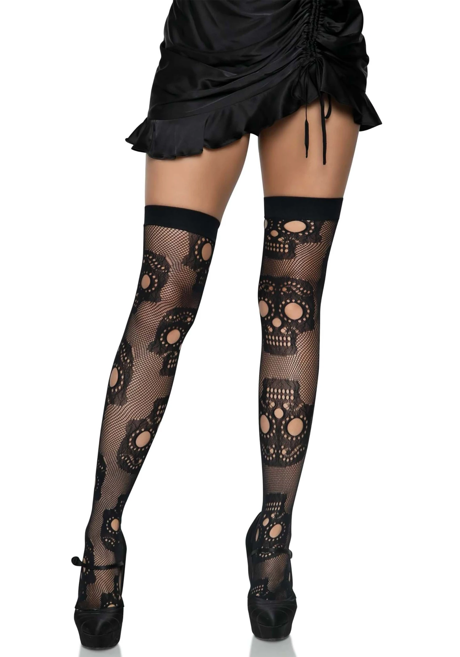 LEG AVENUE Sugar Skull Net Thigh High Stockings For Women 1 LEG AVENUE Sugar Skull Net Thigh High Stockings For Women