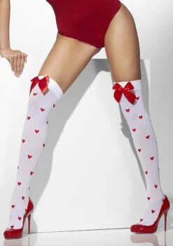Smiffys Womens Hearts And Bows Thigh Highs -Halloween Costumes Shop womens white with red bow and heart print thigh hi alt 3