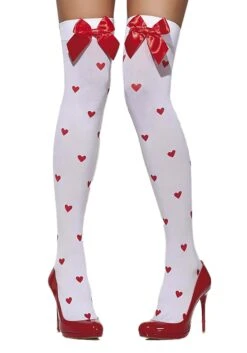 Smiffys Womens Hearts And Bows Thigh Highs -Halloween Costumes Shop womens white with red bow and heart print thigh hi alt 4